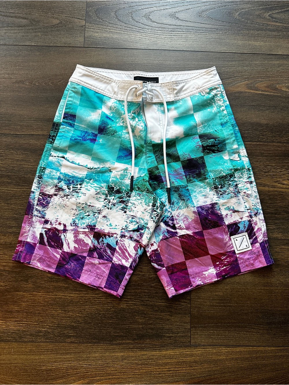 American Eagle XS Men's Gradient Aqua & Purple Check Swim Trunks
